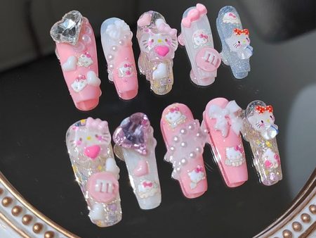 10PCS Sanrio Manicure Hello Kitty Cute Cartoon Resin Hand Carved Nail Three Dimensional Relief Kawaii Girl Nail Decoration Gifts on Sale